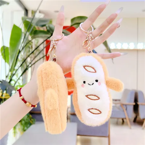 Cute Cartoon Baguette Bread Plush Keychain Soft Stuffed Food Doll With Metal Ring Smile Face Bag Ornament Gift For Women Girls