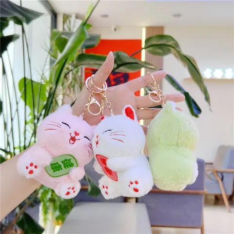Cute Lucky Cat Plush Keychain Stuffed Animal Toy Bag Pendant Gold Metal Key Ring Lucky Charm Gift For Women Kids Accessory