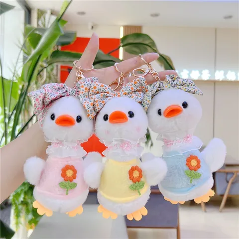 Cute Plush Duck Keychain With Floral Bow And Daisy Embroidery Soft Stuffed Animal Bag Pendant Toy Gift For Kids And Girls