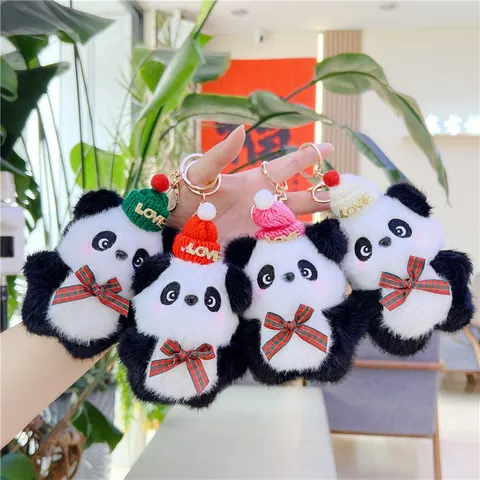 Cute Panda Plush Keychain With Mini Knit Hat LOVE Letter Plaid Bowtie Soft Stuffed Animal Bag Charm Pendant Gift For Women Girls