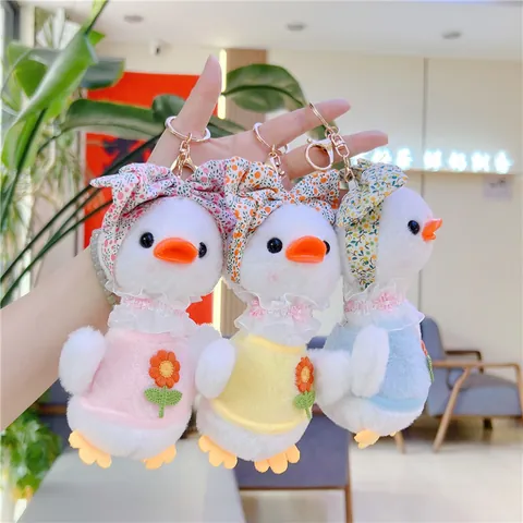 Cute Plush Duck Keychain With Floral Bow And Daisy Embroidery Soft Stuffed Animal Bag Pendant Toy Gift For Kids And Girls