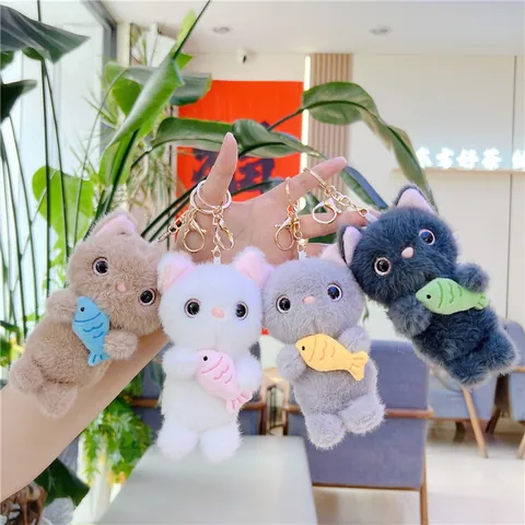 Cute Cat Holding Fish Plush Toy Keychain Soft Stuffed Animal Doll Bag Pendant Decoration Gift For Women Kids