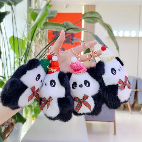 Cute Panda Plush Keychain With Mini Knit Hat LOVE Letter Plaid Bowtie Soft Stuffed Animal Bag Charm Pendant Gift For Women Girls