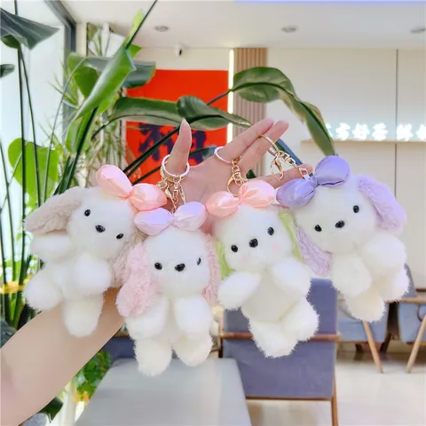 Mignon Porte-clés Peluche Chien Longues Oreilles Avec Nœud Poupée Chiot Douce Ornement Suspendu Sac Charme Pour Femmes Enfants Cadeau