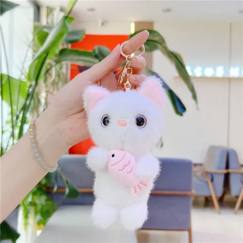 Cute Cat Holding Fish Plush Toy Keychain Soft Stuffed Animal Doll Bag Pendant Decoration Gift For Women Kids