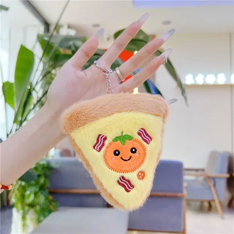Cute Pizza Food Plush Keychain Embroidery Smiling Face Avocado Apple Orange Pattern Stuffed Toy Pendant Bag Decor Gift