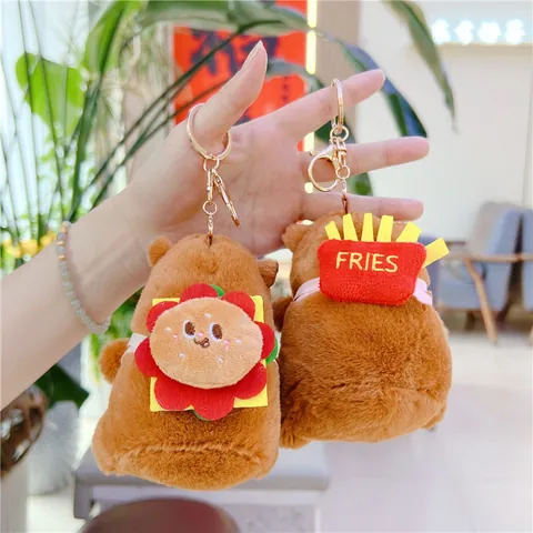 Cute Capybara Plush Keychain With Burger And Fries Backpack Soft Long Plush Stuffed Animal Doll Bag Charm Golden Metal Clasp Accessory Gift