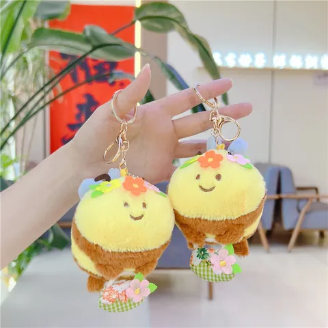 Cute Cartoon Honey Bee Plush Keychain With Floral Decorative Basket Soft Stuffed Animal Toy Bag Pendant For Girls Birthday Gift