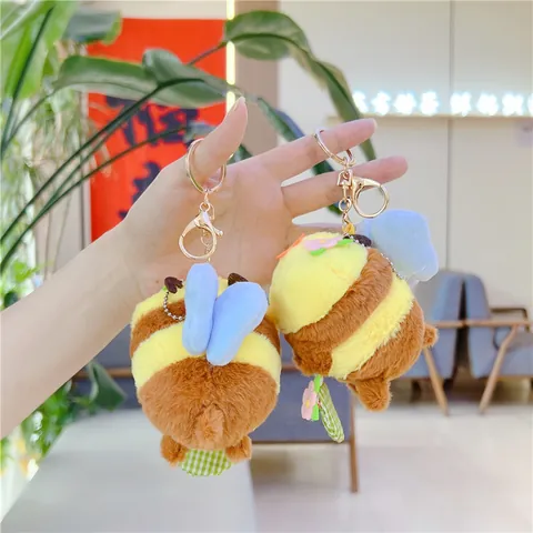 Cute Cartoon Honey Bee Plush Keychain With Floral Decorative Basket Soft Stuffed Animal Toy Bag Pendant For Girls Birthday Gift