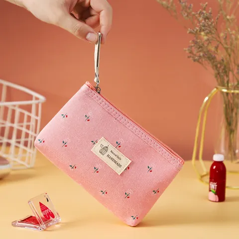 Mini Bolsa de Cosméticos de Lona Estampado Floral Letras Portátil Viaje Neceser con Cremallera Mini Monedero para Mujer