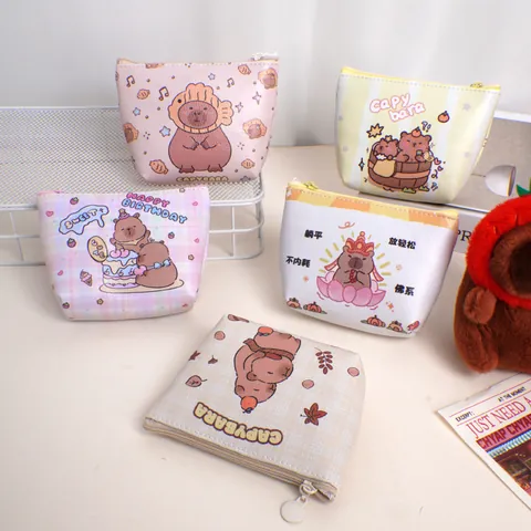 Cute Capybara Cartoon Coin Purse PU Leather Mini Zipper Earphone Jewelry Storage Bag Waterproof Portable Student Change Wallet