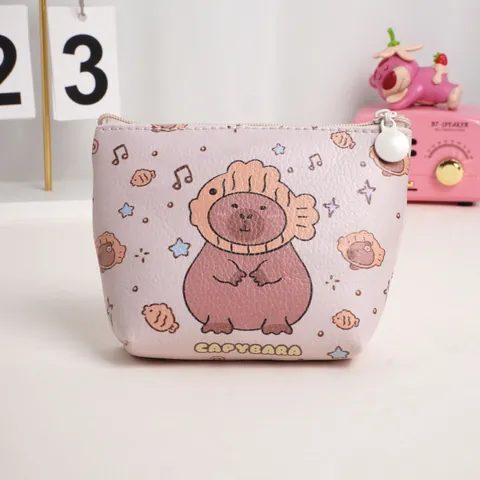 Cute Capybara Cartoon Coin Purse PU Leather Mini Zipper Earphone Jewelry Storage Bag Waterproof Portable Student Change Wallet