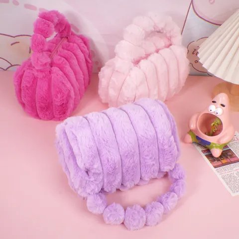 Cute Faux Rabbit Fur Striped Plush Makeup Bag Kawaii Soft Travel Storage Handbag With Ball Handle Cosmetic Organizer For Women