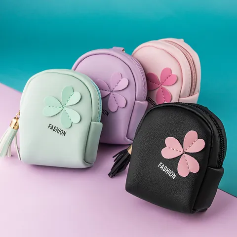 Cute Mini Backpack Shape PU Leather Coin Purse For Women Girls Clover Pattern Tassel Keychain Wallet Portable Earphone Storage Bag