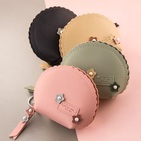 Women Scalloped PU Leather Coin Purse With Flower Pearl Decoration Fresh Style Mini Zipper Wallet For Daily Storage