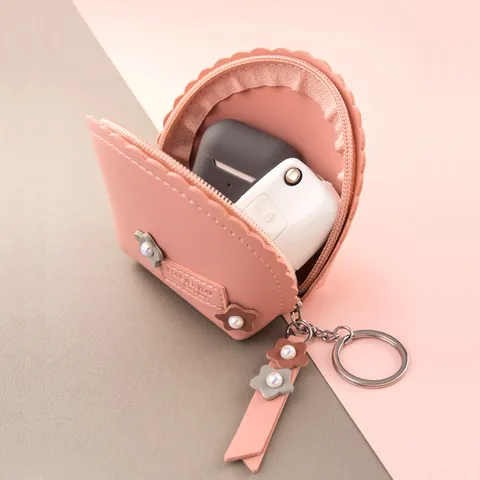 Women Scalloped PU Leather Coin Purse With Flower Pearl Decoration Fresh Style Mini Zipper Wallet For Daily Storage