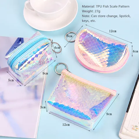 Portamonete Olografico Laser con Scaglie di Pesce per Donna Ragazza Mini Portafoglio in TPU a Scaglie di Sirena con Cerniera e Portachiavi Portatile