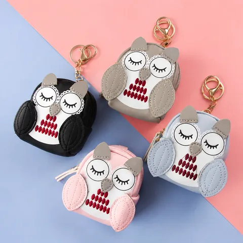 Cute Cartoon Owl Mini PU Leather Coin Purse Keychain For Women Girls Creative Animal Shaped Small Wallet Zipper Key Ring Bag Pendant