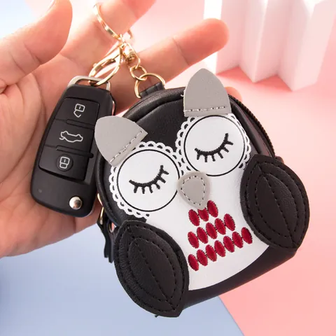 Cute Cartoon Owl Mini PU Leather Coin Purse Keychain For Women Girls Creative Animal Shaped Small Wallet Zipper Key Ring Bag Pendant