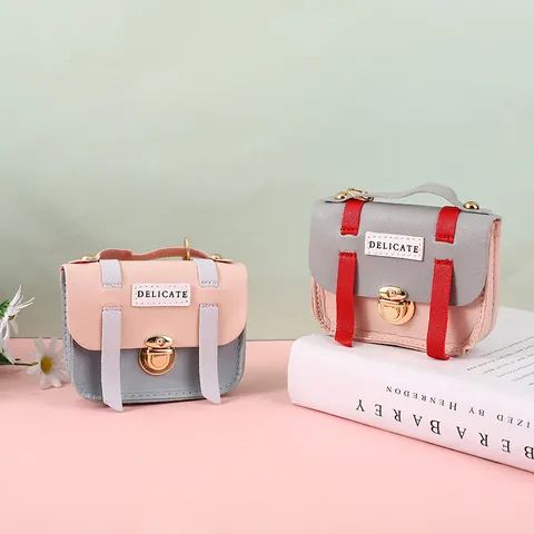 Sweet Mini PU Leather Coin Purse For Women Girls Contrast Color Small Flap Wallet With Metal Lock Decorative Keychain Bag