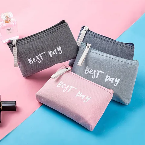 Women Portable Canvas Makeup Bag Travel Toiletry Organizer Minimalist Zipper Wash Bag With Floral Alphabet Stripes Print