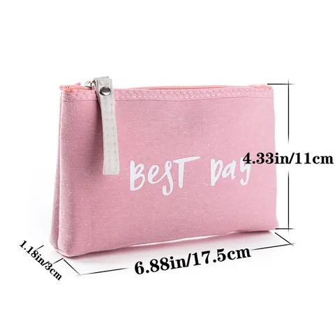 Women Portable Canvas Makeup Bag Travel Toiletry Organizer Minimalist Zipper Wash Bag With Floral Alphabet Stripes Print