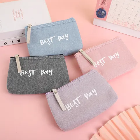 Trousse à Cosmétiques en Toile Simple Pochette de Rangement Portable Avec Impression de Lettres Best Day Pour Femmes Voyage