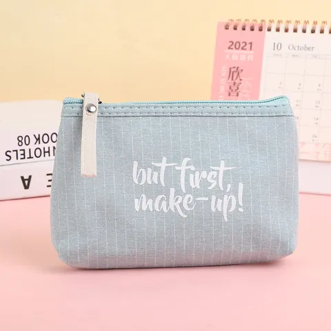 Gestreifter Kulturbeutel Aus Leinwand Mit But First Make-Up Druck Tragbare Aufbewahrungstasche Für Damen Mädchen Reisen Alltäglicher Kosmetikbeutel