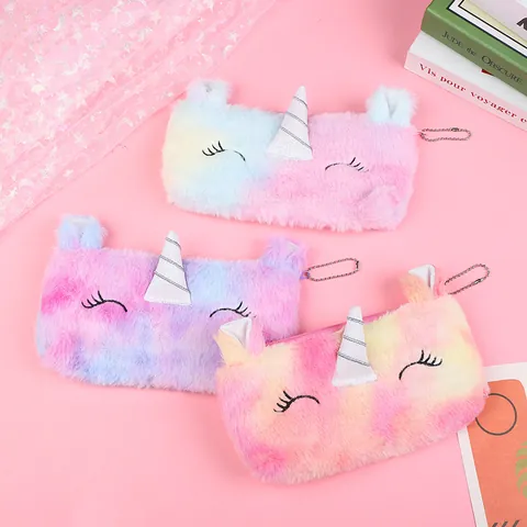 Estuche de Peluche de Unicornio Dibujos Animados Degradado Tie Dye Bolsa de Papelería para Estudiantes Estuche de Franela con Cremallera