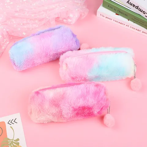 Cute Plush Tie Dye Pencil Case For Girls Soft Faux Fur Stationery Bag With Pom Pom Zipper Pouch School Office Desktop Storage Organizer