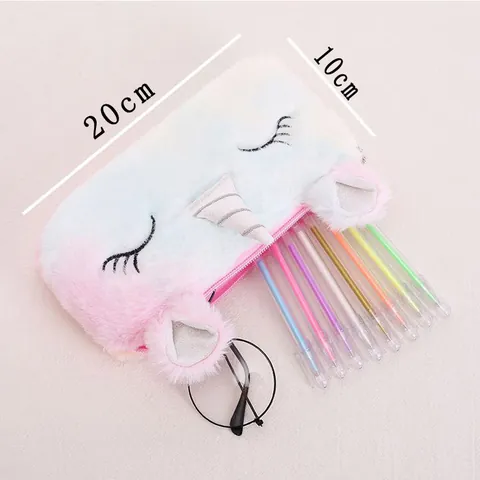 Lindo Estuche de Peluche de Unicornio Color Macarrón Arcoíris Bolsa de Papelería Neceser de Maquillaje Portátil Para Niñas Estudiantes