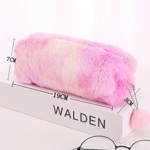 Cute Plush Tie Dye Pencil Case For Girls Soft Faux Fur Stationery Bag With Pom Pom Zipper Pouch School Office Desktop Storage Organizer