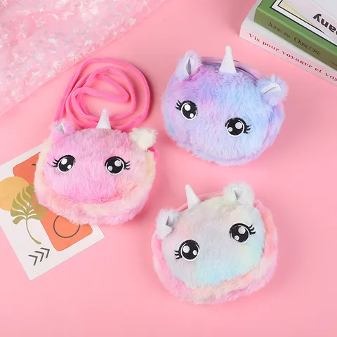 Kids Cartoon Unicorn Plush Crossbody Bag Rainbow Cat Mini Shoulder Bag Girls Coin Purse Cute Embroidery Zip Handbag