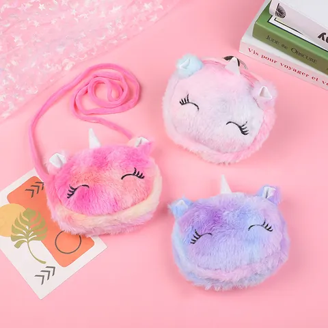 Kids Cartoon Unicorn Plush Crossbody Bag Rainbow Cat Mini Shoulder Bag Girls Coin Purse Cute Embroidery Zip Handbag