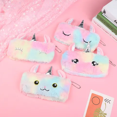 Lindo Estuche de Peluche de Unicornio Color Macarrón Arcoíris Bolsa de Papelería Neceser de Maquillaje Portátil Para Niñas Estudiantes
