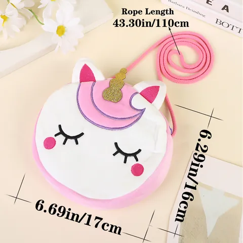 Kids Cute Unicorn Plush Crossbody Bag Cartoon Animal Shoulder Bag For Girls Small Round Coin Purse With Glitter Horn