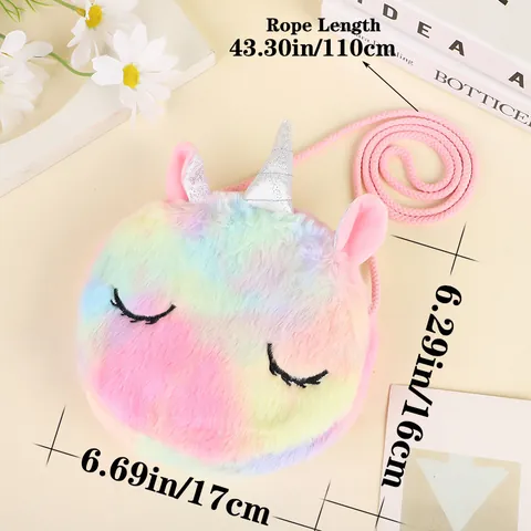 Kids Plush Unicorn Crossbody Bag Cartoon Embroidery Sequin Horn Small Round Shoulder Bag For Girls Daily Travel Bag