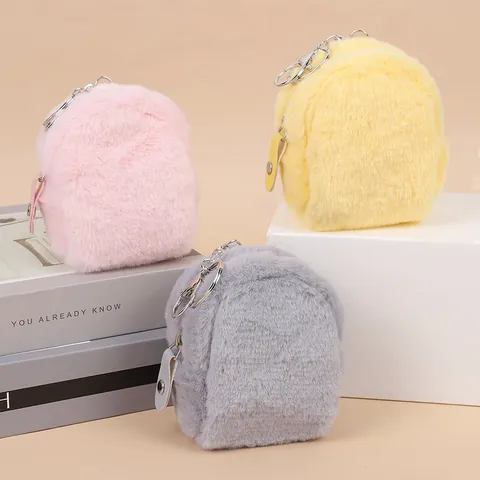 Mini Plush Backpack Coin Purse Keychain For Women Girls Soft Portable Zipper Wallet Bag Pendant Accessory Cute Bag Charm