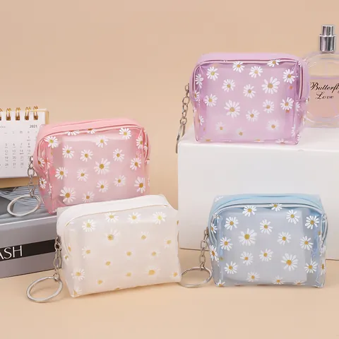 Cute Daisy Transparent PVC Coin Purse For Women Girls Portable Waterproof Mini Wallet With Keychain Zipper Pouch Small Storage Bag