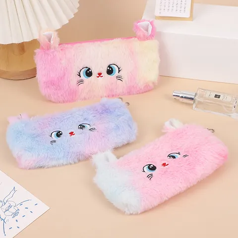 Süßes Plüsch Katzen Federmäppchen Farbverlauf Macaron Farbe Cartoon Tier Schreibwaren Tasche Mit Besticktem Katzengesicht Und 3D Ohren Für Schule Kinder Mädchen