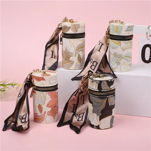 Borsetta per Rossetto in Pelle PU Stile Cinese Vintage Ricamo Floreale Mini Custodia Con Portachiavi a Sciarpa di Raso per Donna