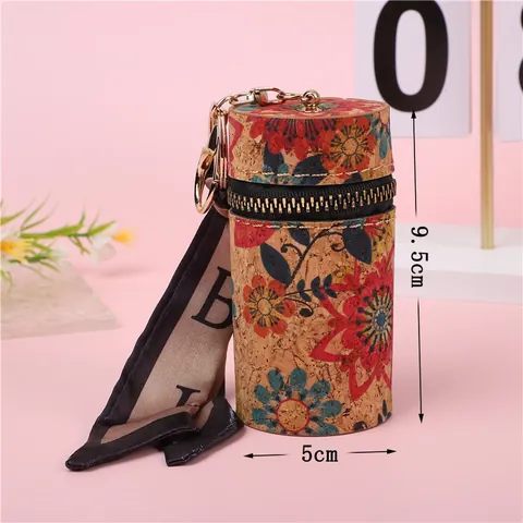 Mini Bolsa de Lápiz Labial de PU con Veta de Madera Vintage Con Llavero de Pañuelo de Seda Monedero Cilíndrico Para Mujer Colgante