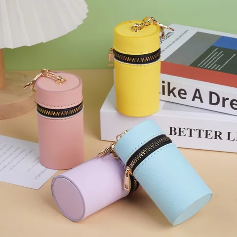 Fashion PU Leather Cylindrical Mini Coin Purse Minimalist Solid Color Lipstick Storage Bag With Gold Keychain For Women