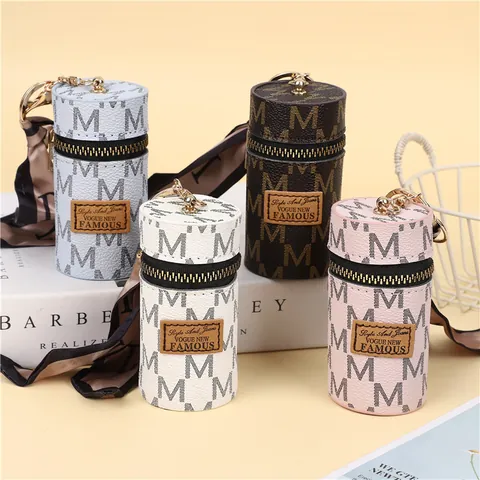 Vintage Mini Bucket Bag Lipstick Pouch PU Leather Monogram Print Coin Purse Keyring Earphone Storage Bag With Decorative Scarf