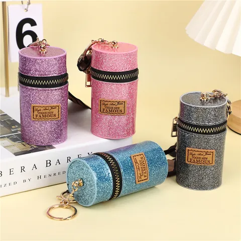 Mini Borsa per Rossetto Glitterata Custodia Cilindrica per Auricolari Con Gancio Dorato Portachiavi in Pelle PU Donna