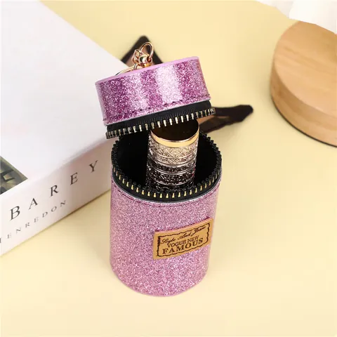 Mini Borsa per Rossetto Glitterata Custodia Cilindrica per Auricolari Con Gancio Dorato Portachiavi in Pelle PU Donna