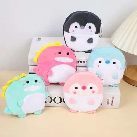 Lindo Monedero de Peluche de Animal Colgante Para Estudiantes Pingüino Dinosaurio Mini Bolsa de Almacenamiento de Auriculares Con Cadena de Metal
