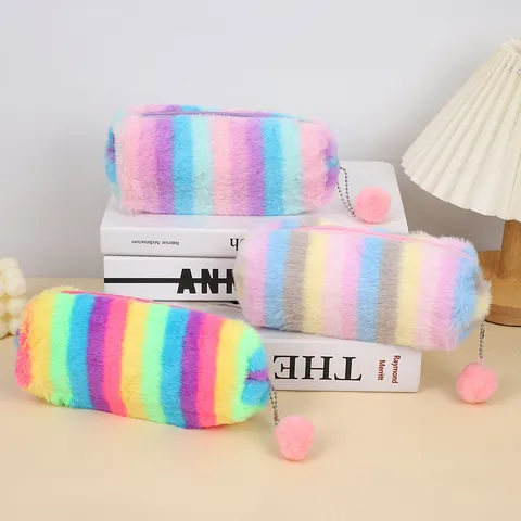 Schattig Regenboog Gradiënt Pluche Etui Met Pompon Grote Capaciteit Nepbont Briefpapier Opbergtas Voor Studenten Meisjes School Kantoor