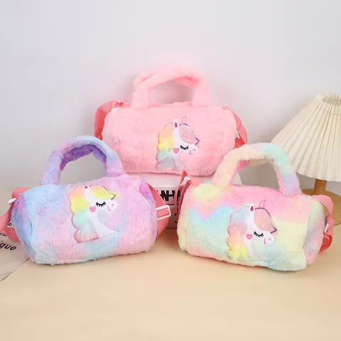 Bolso Bandolera de Peluche de Unicornio para Niños Bolso de Mano de Piel Sintética Gran Capacidad Color Arcoíris para Niñas