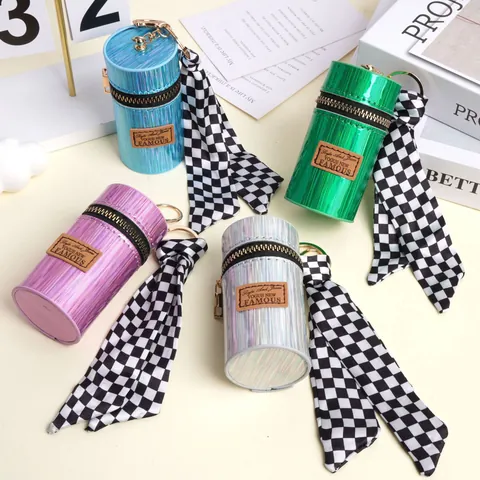 Holographic Laser PU Leather Mini Cylinder Coin Purse With Checkerboard Ribbon Keychain Lipstick Bag For Women Daily Storage